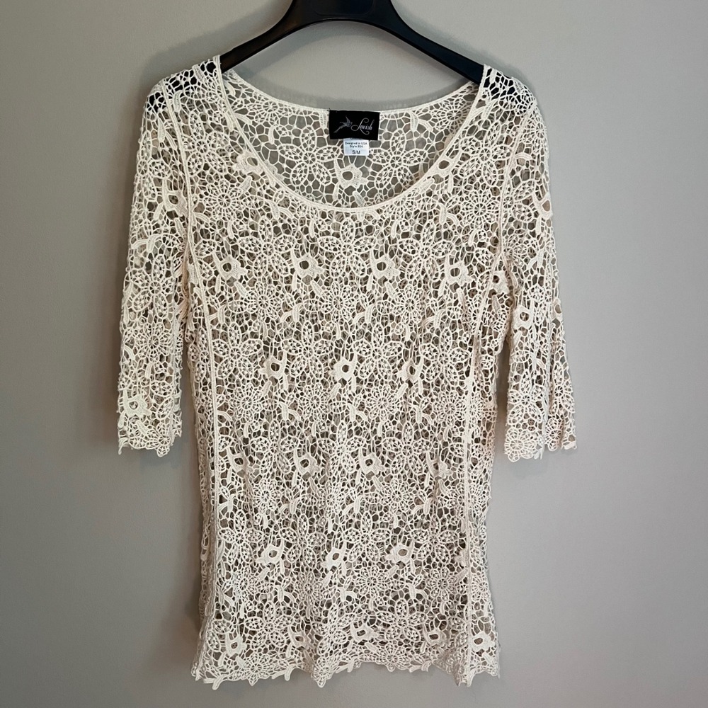Lavish Y2K Cream Floral Crochet Top 1/2 Sleeve Scoop Neck Boho Cottagecore S/M